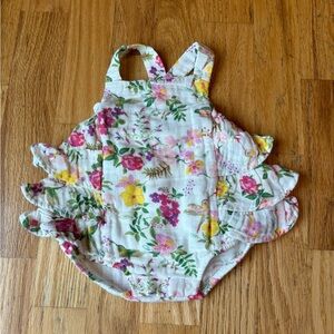 Angel Dear Floral Ruffle Baby Romper - Pink, Yellow & Green